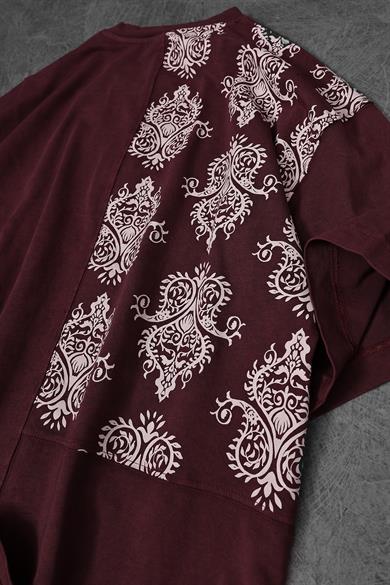 Erkek Bordo Paisley Özel Yıkamalı Kumaş Oversize Tshirt