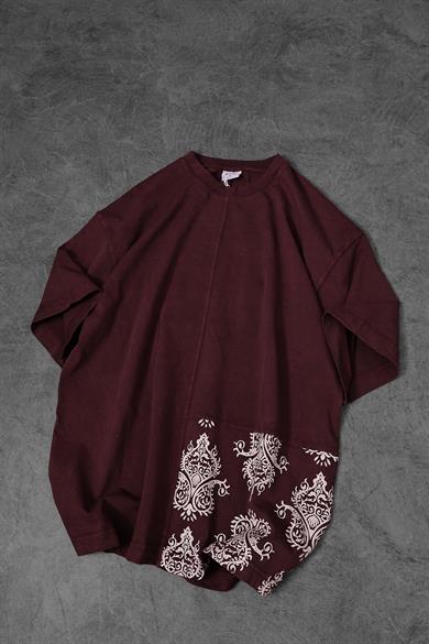 Erkek Bordo Paisley Özel Yıkamalı Kumaş Oversize Tshirt