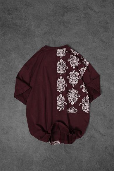 Erkek Bordo Paisley Özel Yıkamalı Kumaş Oversize Tshirt