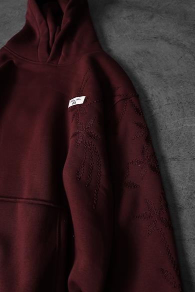 Erkek Bordo Palm Nakışlı Oversize Kapüşonlu Sweatshirt