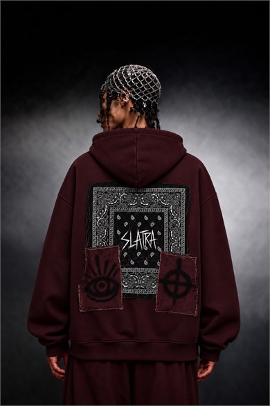 Erkek Bordo Relic Patch Detay Oversize Hoodie