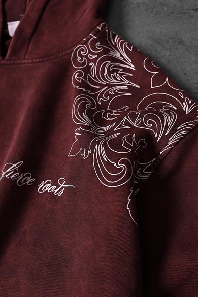 Erkek Bordo Rose Özel Yıkamalı Oversize Kapüşonlu Sweatshirt
