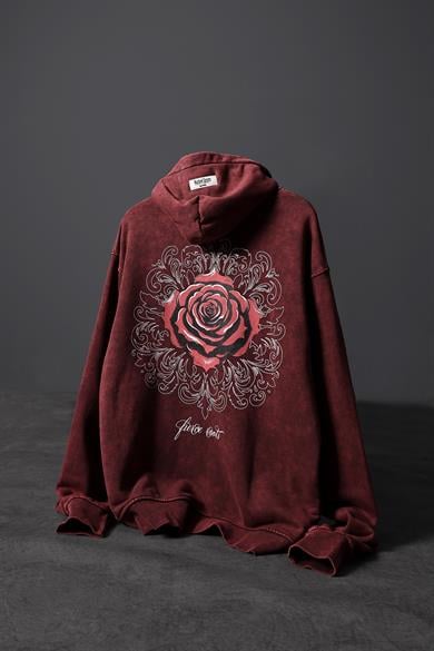 Erkek Bordo Rose Özel Yıkamalı Oversize Kapüşonlu Sweatshirt