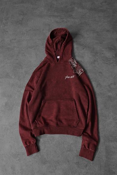 Erkek Bordo Rose Özel Yıkamalı Oversize Kapüşonlu Sweatshirt