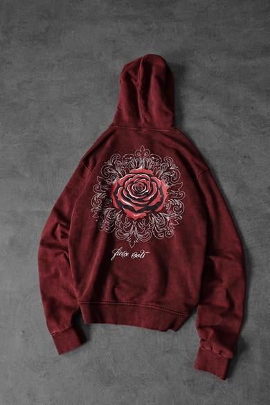 Erkek Bordo Rose Özel Yıkamalı Oversize Kapüşonlu Sweatshirt