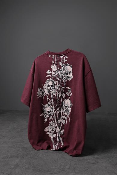 Erkek Bordo RUİNS Baskı Özel Yıkamalı Oversize Tshirt