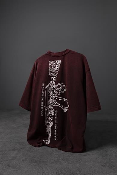 Erkek Bordo S-47 Özel Yıkamalı Kumaş Oversize Tshirt