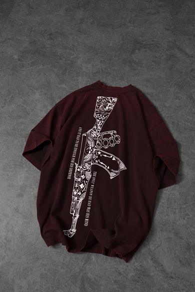 Erkek Bordo S-47 Özel Yıkamalı Kumaş Oversize Tshirt