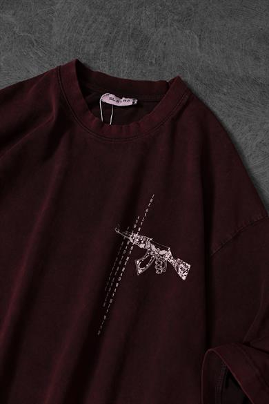 Erkek Bordo S-47 Özel Yıkamalı Kumaş Oversize Tshirt