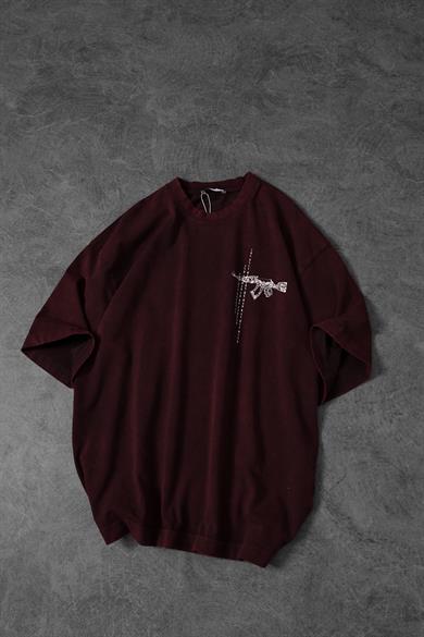 Erkek Bordo S-47 Özel Yıkamalı Kumaş Oversize Tshirt