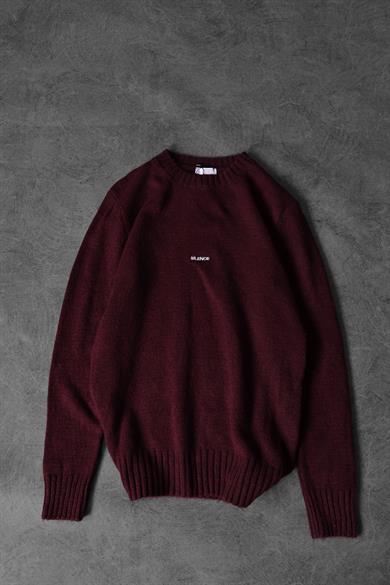 Erkek Bordo Silence Nakışlı Yün Karışımlı Bisiklet Yaka Oversize Kazak