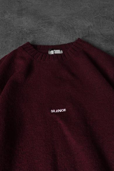 Erkek Bordo Silence Nakışlı Yün Karışımlı Bisiklet Yaka Oversize Kazak