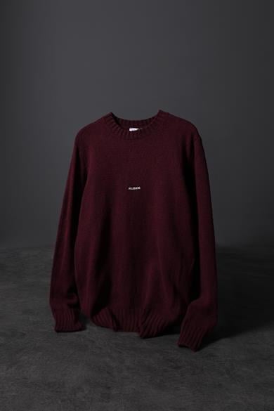 Erkek Bordo Silence Nakışlı Yün Karışımlı Bisiklet Yaka Oversize Kazak