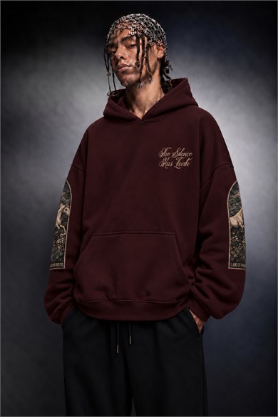 Erkek Bordo Silence Patch Nakış Oversize Hoodie