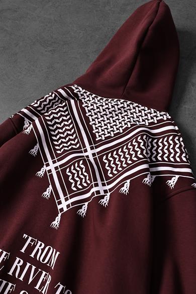 Erkek Bordo Sırt Şal Desen Oversize Kapüşonlu Sweatshirt