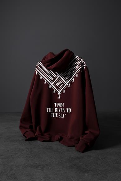 Erkek Bordo Sırt Şal Desen Oversize Kapüşonlu Sweatshirt