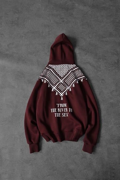 Erkek Bordo Sırt Şal Desen Oversize Kapüşonlu Sweatshirt