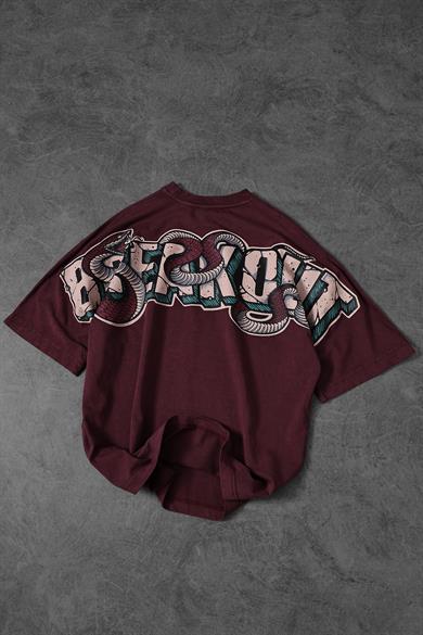 Erkek Bordo Snake Baskı Özel Yıkamalı Kumaş  Oversize Tshirt