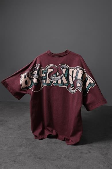 Erkek Bordo Snake Baskı Özel Yıkamalı Kumaş  Oversize Tshirt