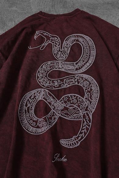 Erkek Bordo Snake Nakışlı Özel Yıkamalı Kumaş Oversize Tshirt