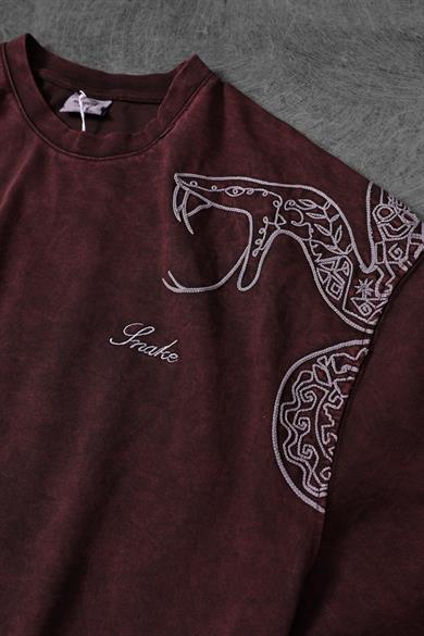 Erkek Bordo Snake Nakışlı Özel Yıkamalı Kumaş Oversize Tshirt