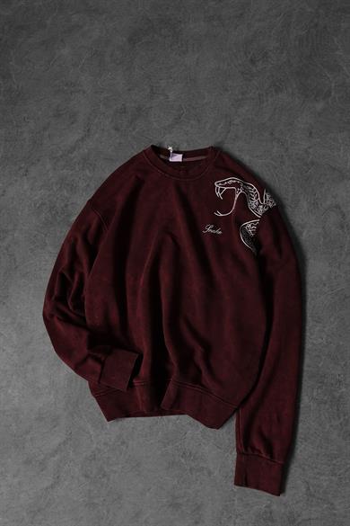 Erkek Bordo Snake Nakışlı Özel Yıkamalı Oversize Sweatshirt