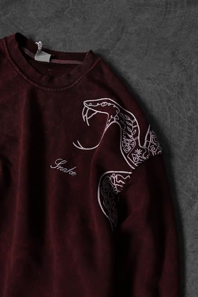 Erkek Bordo Snake Nakışlı Özel Yıkamalı Oversize Sweatshirt