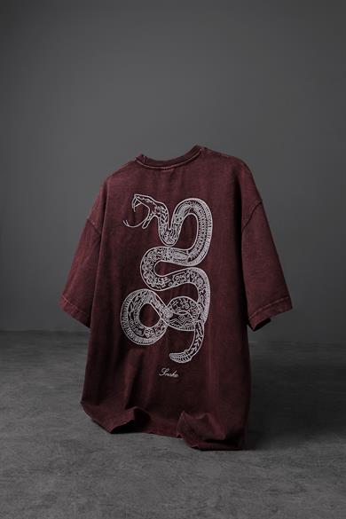 Erkek Bordo Snake Nakışlı Özel Yıkamalı Kumaş Oversize Tshirt