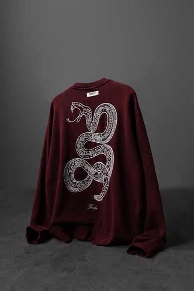 Erkek Bordo Snake Nakışlı Özel Yıkamalı Oversize Sweatshirt