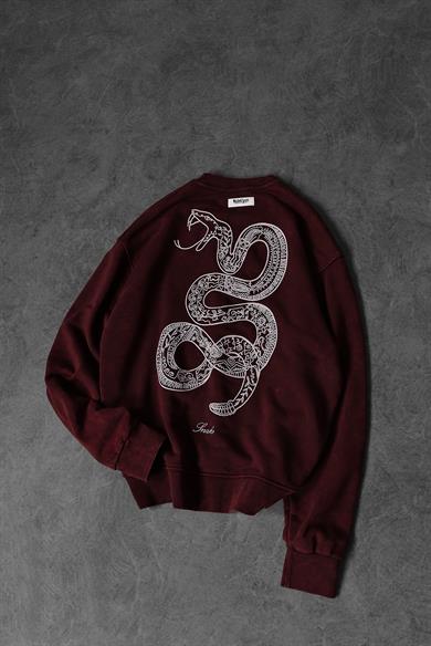 Erkek Bordo Snake Nakışlı Özel Yıkamalı Oversize Sweatshirt