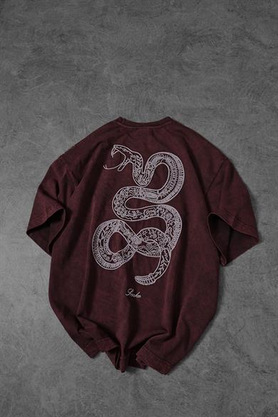 Erkek Bordo Snake Nakışlı Özel Yıkamalı Kumaş Oversize Tshirt