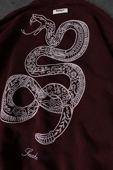 Erkek Bordo Snake Nakışlı Özel Yıkamalı Oversize Sweatshirt