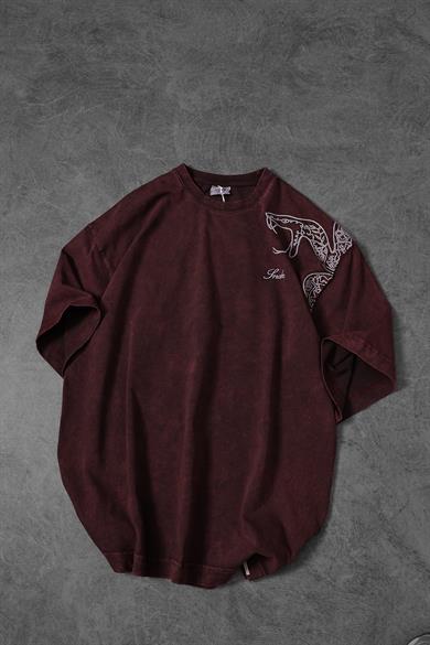 Erkek Bordo Snake Nakışlı Özel Yıkamalı Kumaş Oversize Tshirt