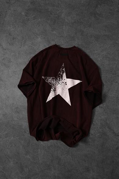 Erkek Bordo Star Özel Yıkamalı Kumaş Oversize Tshirt