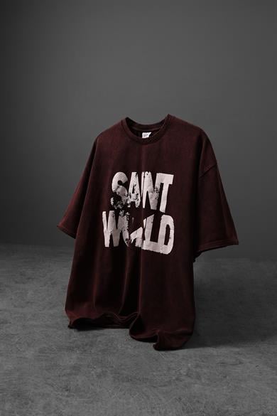 Erkek Bordo Star Özel Yıkamalı Kumaş Oversize Tshirt
