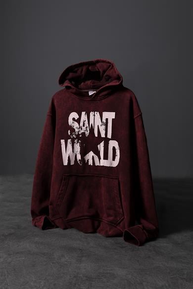 Erkek Bordo Star Özel Yıkamalı Oversize Kapüşonlu Sweatshirt