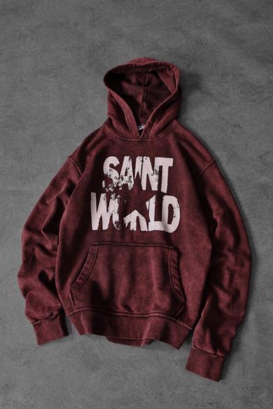 Erkek Bordo Star Özel Yıkamalı Oversize Kapüşonlu Sweatshirt