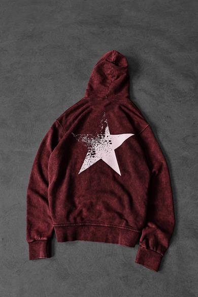 Erkek Bordo Star Özel Yıkamalı Oversize Kapüşonlu Sweatshirt