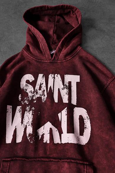 Erkek Bordo Star Özel Yıkamalı Oversize Kapüşonlu Sweatshirt