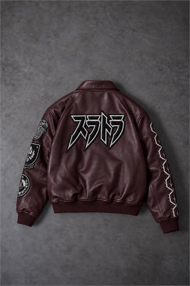 Erkek Bordo Suratora Nakışlı Bomber Deri Ceket