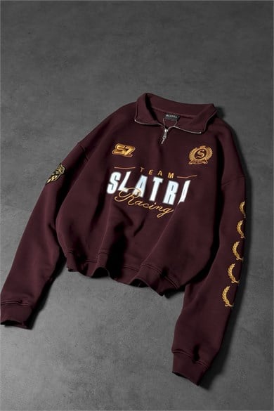 Erkek Bordo Team Racing Oversize Half Zip Sweatshirt
