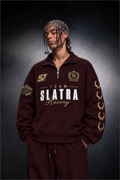 Erkek Bordo Team Racing Oversize Half Zip Sweatshirt