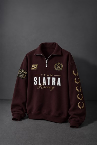 Erkek Bordo Team Racing Oversize Half Zip Sweatshirt