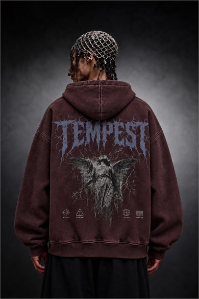 Erkek Bordo Tempest Özel Yıkamalı Oversize Hoodie