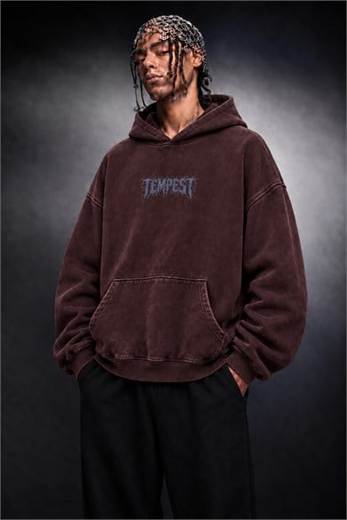 Erkek Bordo Tempest Özel Yıkamalı Oversize Hoodie