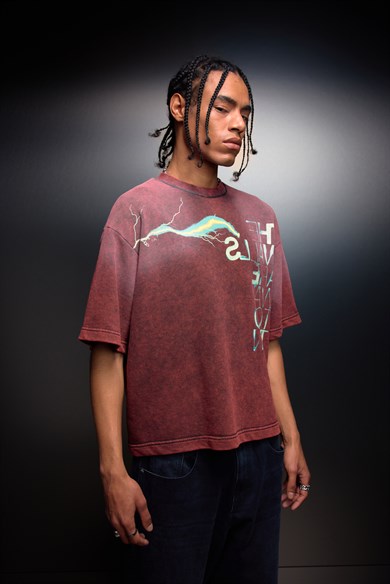 Erkek Bordo The Walls Box Fit Yıkama Efektli Tshirt