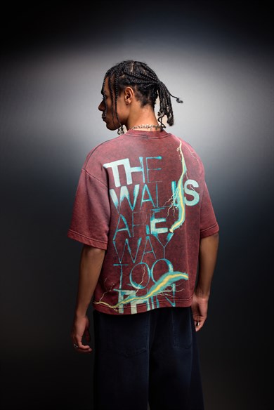 Erkek Bordo The Walls Box Fit Yıkama Efektli Tshirt