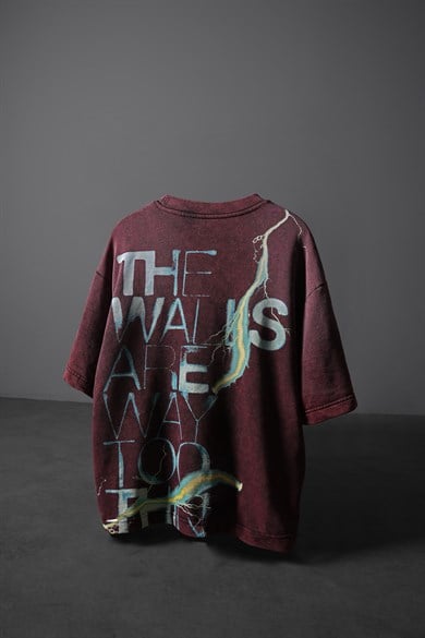 Erkek Bordo The Walls Box Fit Yıkama Efektli Tshirt