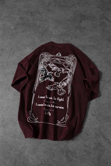 Erkek Bordo TO FLY Özel Yıkamalı Kumaş Oversize Tshirt