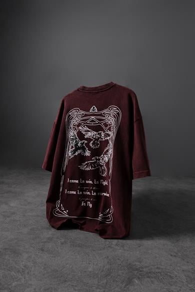Erkek Bordo TO FLY Özel Yıkamalı Kumaş Oversize Tshirt